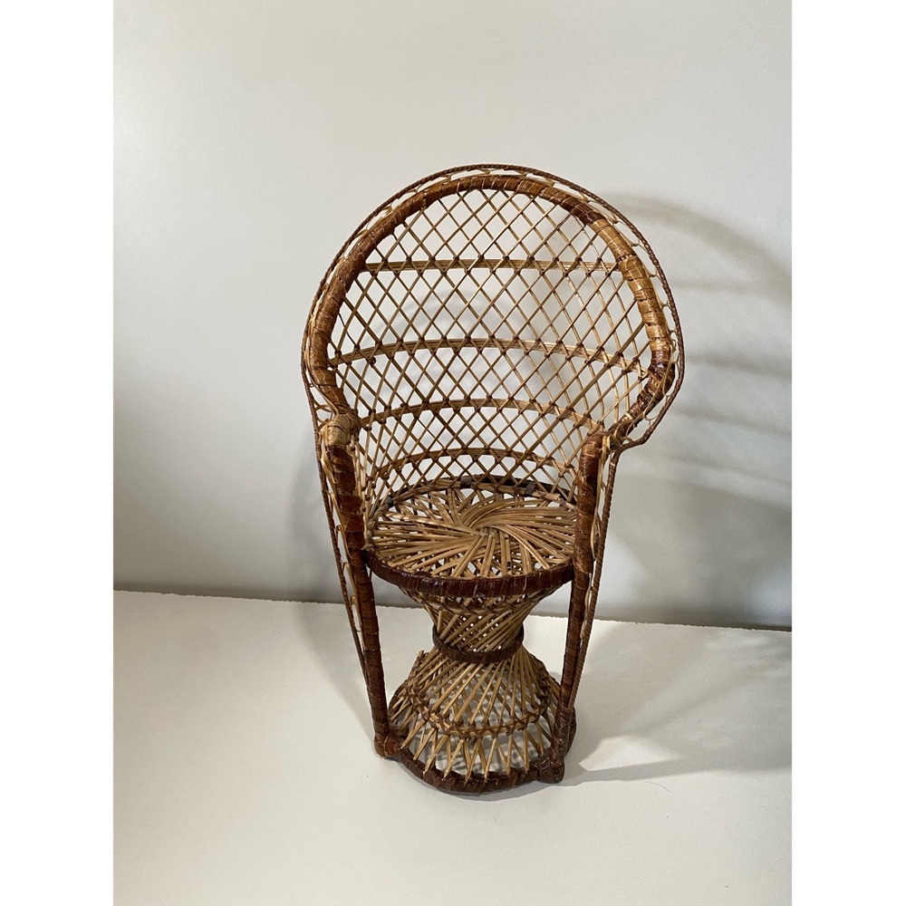 Vintage Wicker Small Peacock Chair for Dolls or Plants Tan Brown